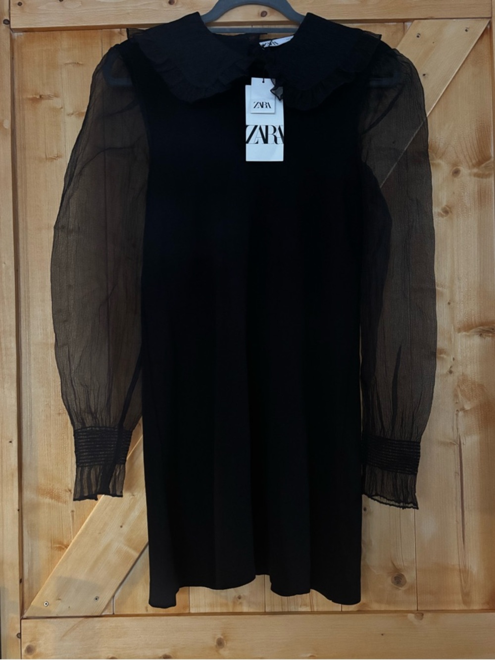 NWT Zara Black Knit Mini Dress Organza Sleeves ruffled Peter Pan collar Size‎ S